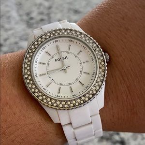 White Fossil Watch with faux Diamonds face frame